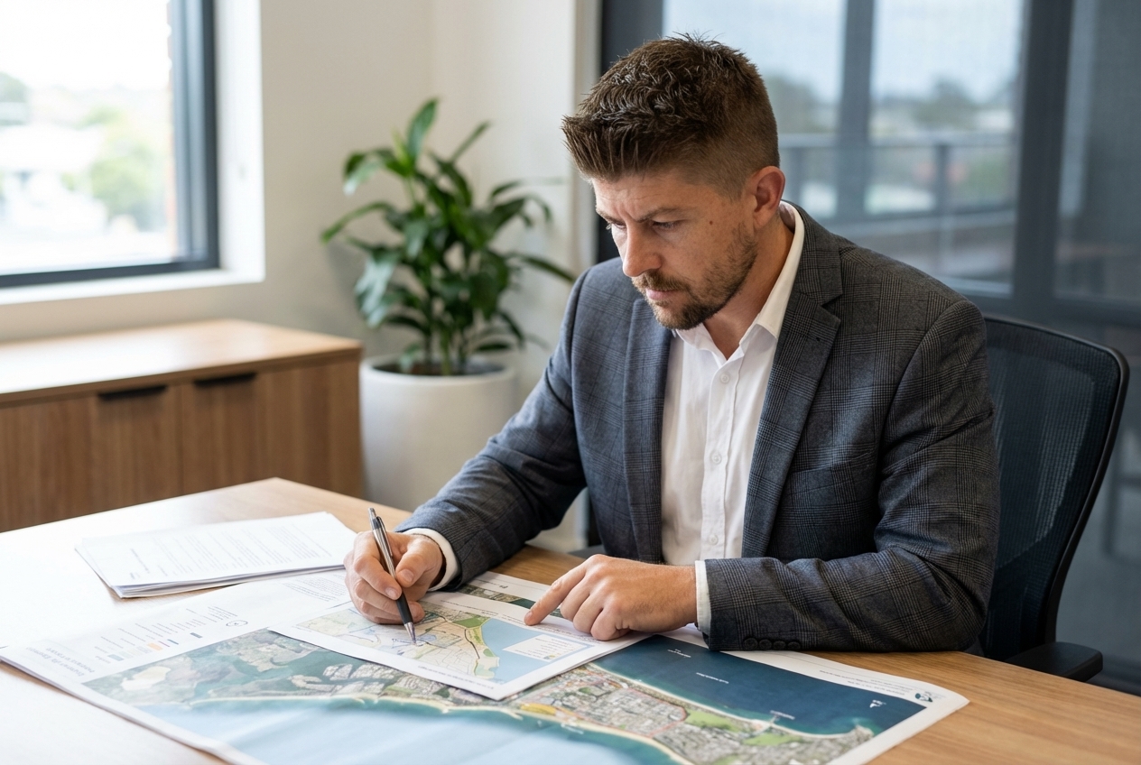 Sam Cook reviewing a coastal site plan at his desk